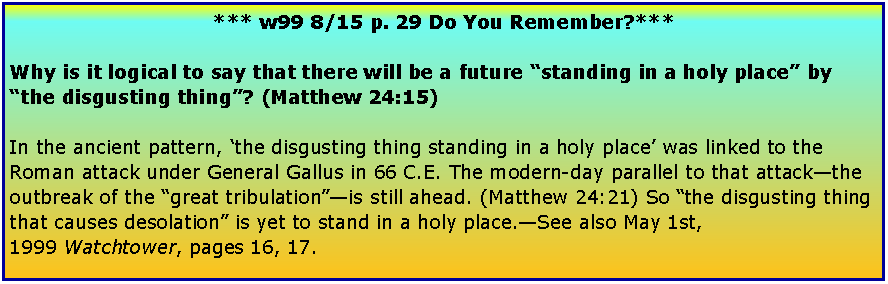 Text Box: *** w99 8/15 p. 29 Do You Remember?***Why&nbsp;is it&nbsp;logical&nbsp;to say that there will be a future �standing in a holy place� by �the disgusting thing�? (Matthew 24:15)In the ancient pattern, �the disgusting thing standing in a holy place� was linked to the Roman attack under General Gallus in 66&nbsp;C.E. The modern-day parallel to that attack�the outbreak of the �great tribulation��is still ahead. (Matthew 24:21) So �the disgusting thing that causes desolation� is yet to stand in a holy place.�See also May 1st, 1999&nbsp;Watchtower, pages&nbsp;16,&nbsp;17.