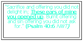 Text Box: �Sacrifice and offering you did not delight in; These ears of mine you opened up. Burnt offering and sin offering you did not ask for.� (Psalm 40:6 NWT)